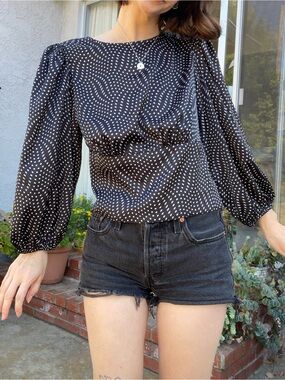 Express Black Blouse with White Polka Dots and Puff Sleeves Silky Open Back